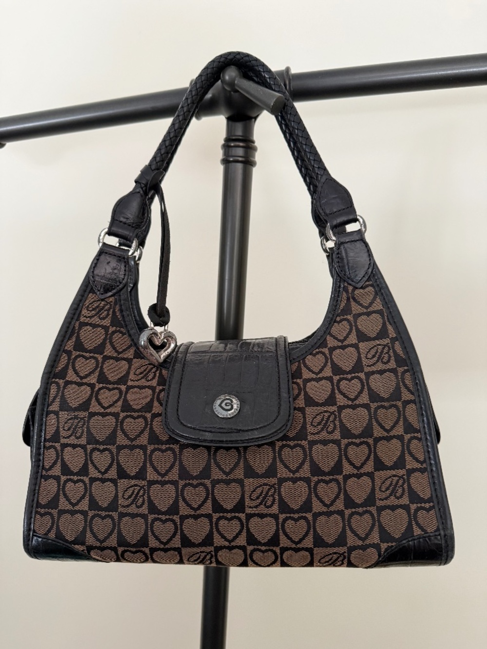 Vintage Brighton Jamie Signature Heart Canvas Hobo Bag Brown Black